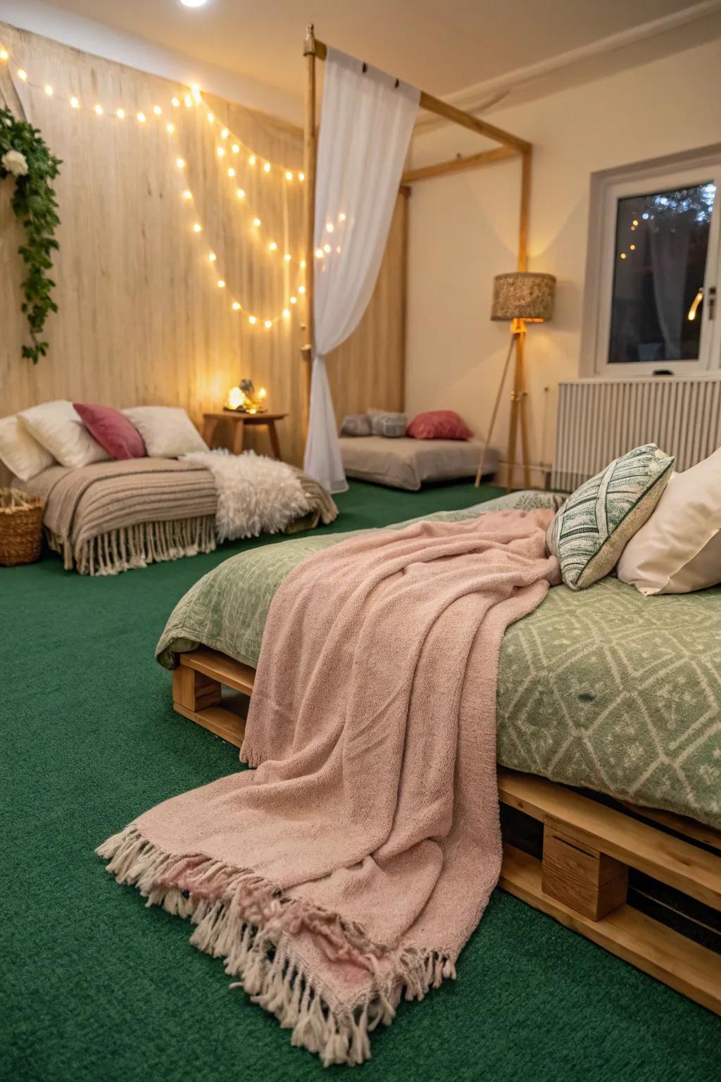 The verdant carpeted bedroom is completed with cozy elements like throws and cushions, adding to the room's warm feel.