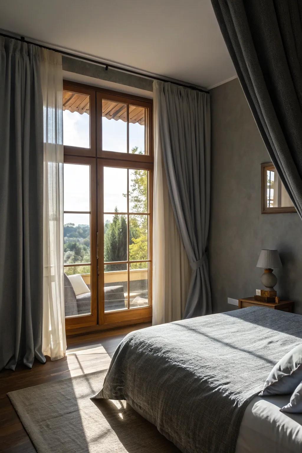 Elegant grey curtains encasing a radiant window.