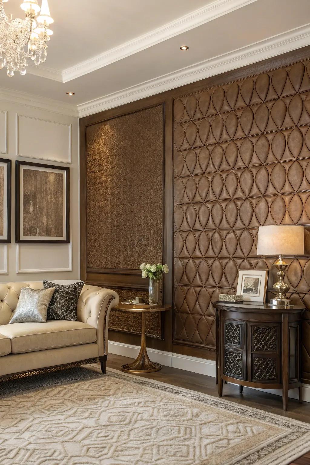 Sophisticated dimension achieved through a textured brown accent surface.
