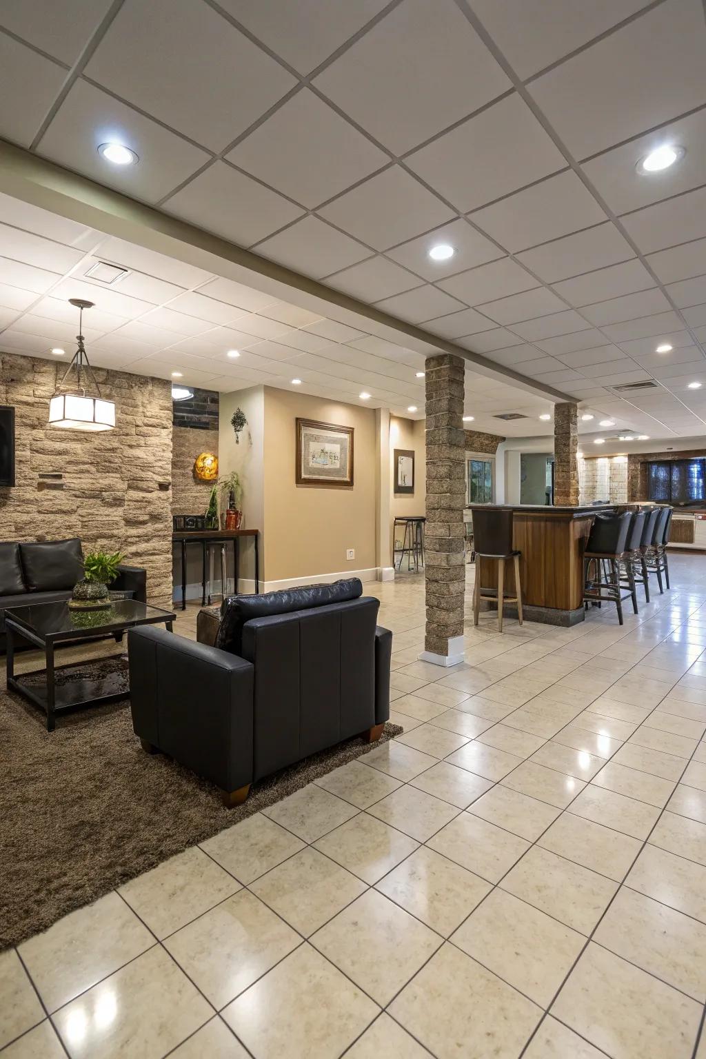 Stoneware flooring introduces adaptability and style to basement interiors.
