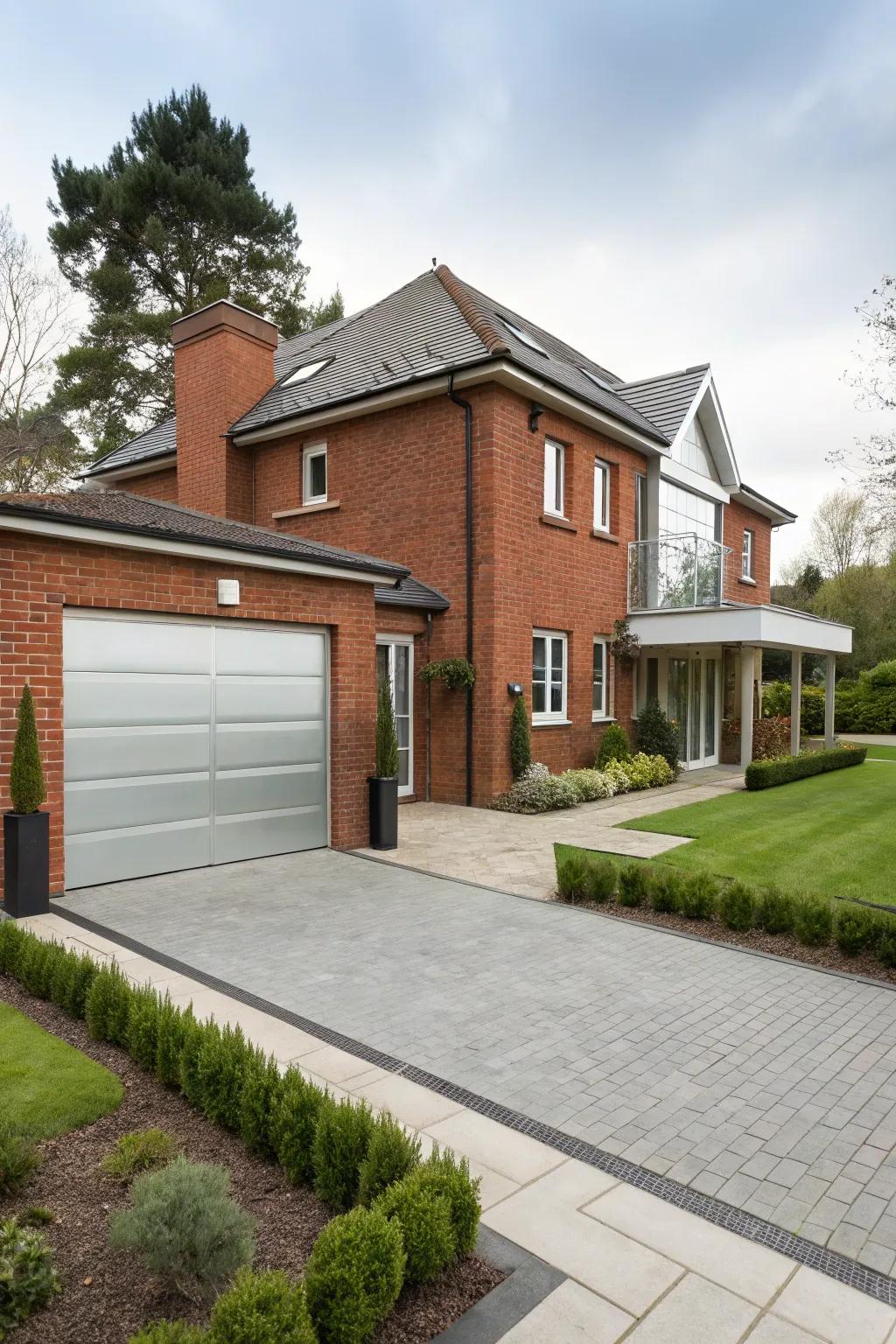 Chrome garage doors offer a sleek, modern twist to red brick homes.