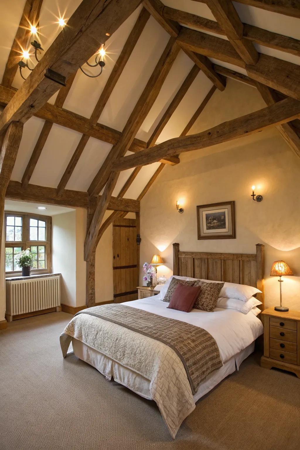 A capacious bedroom exhibiting arched ceilings and exposed beams.