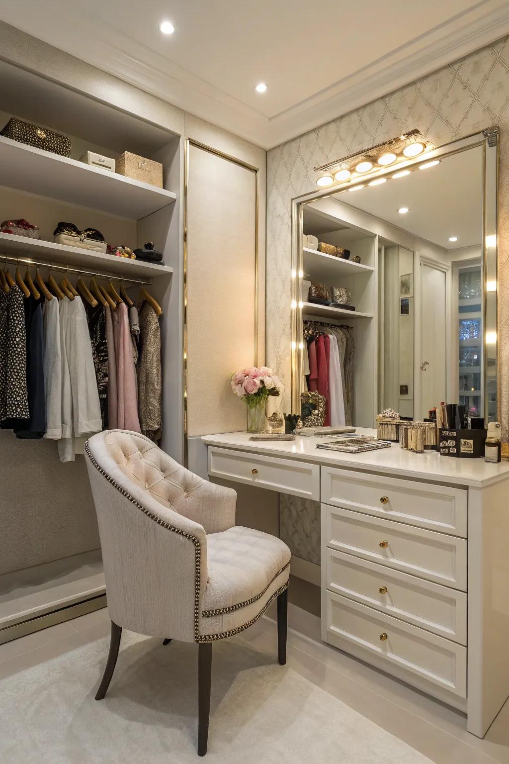 A closet featuring an elegant vanity area, complete with a mirror and stylish seating.