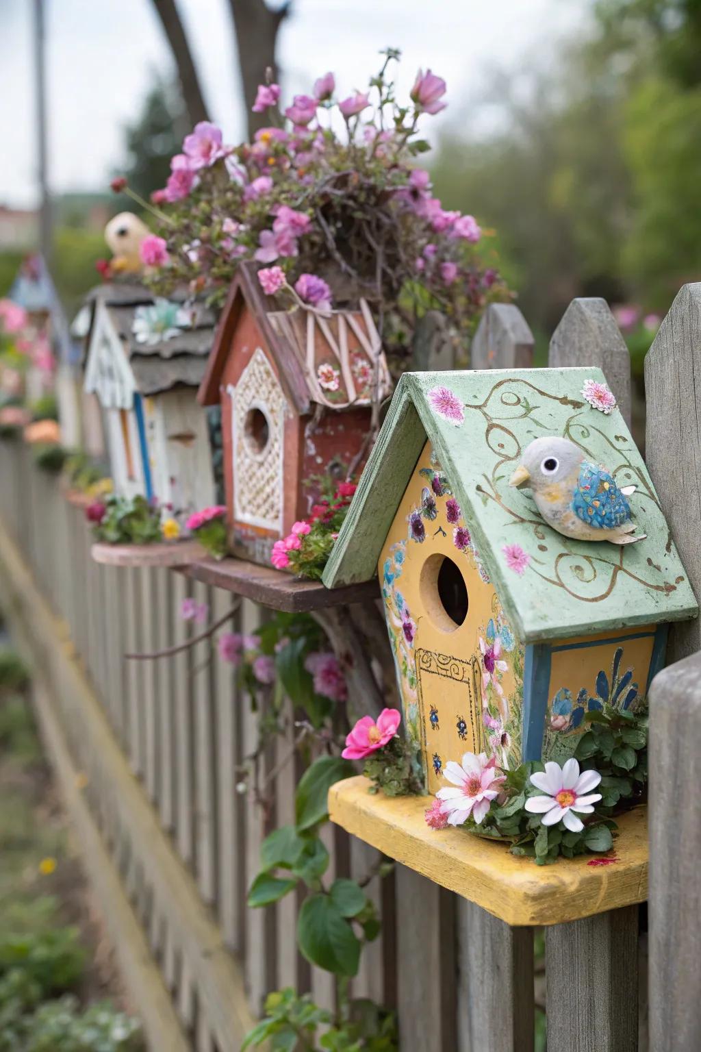 Ornamental elements such as blossoms and statuettes contribute individuality to avian dwellings.