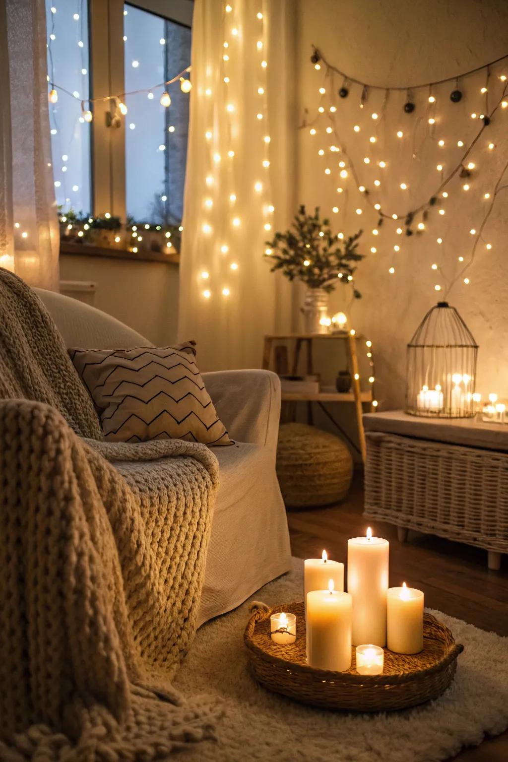 A cozy area illuminated by ambient twinkle strands and candles.