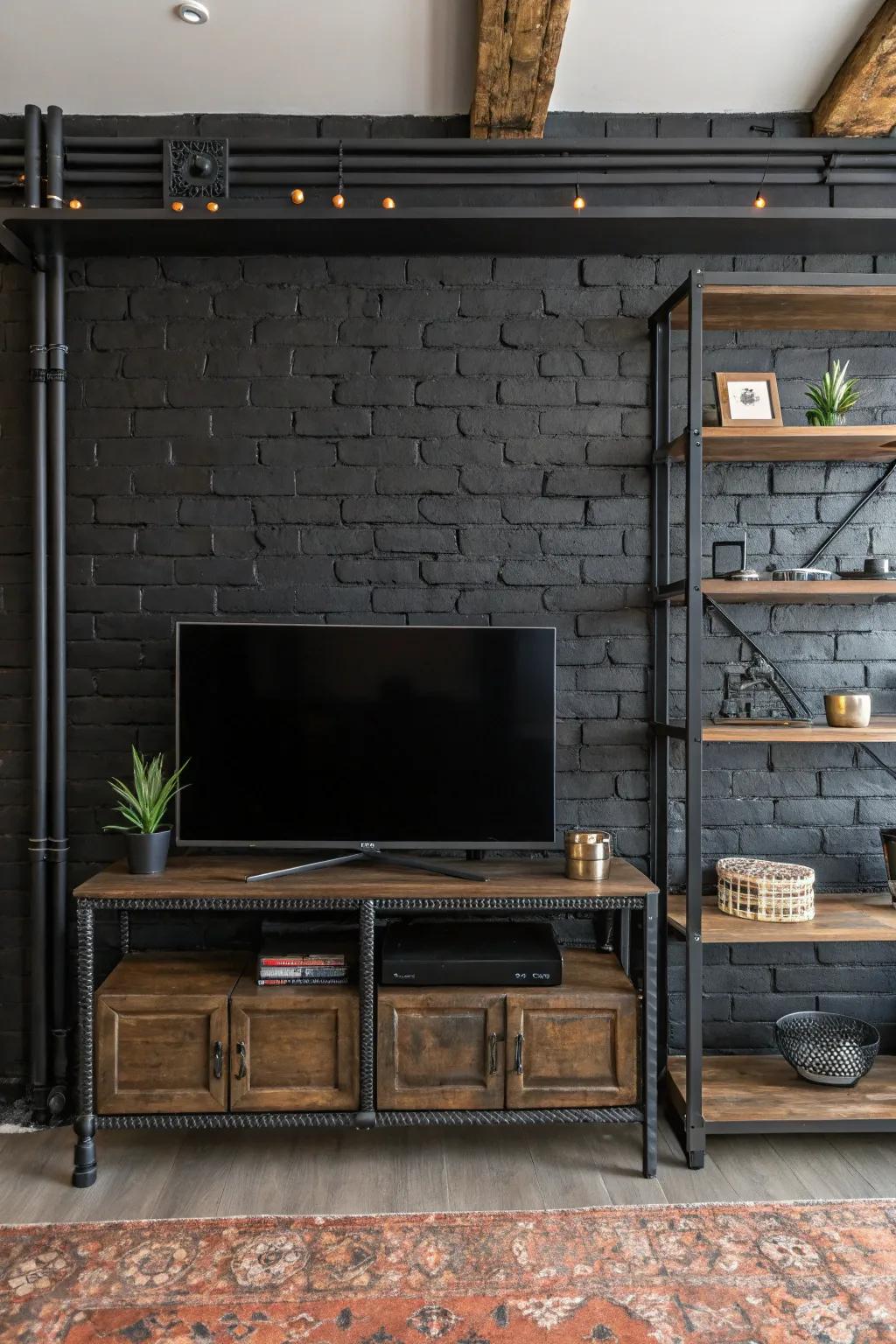 Industrial components enrich the metropolitan impression of a dark-painted focus wall.