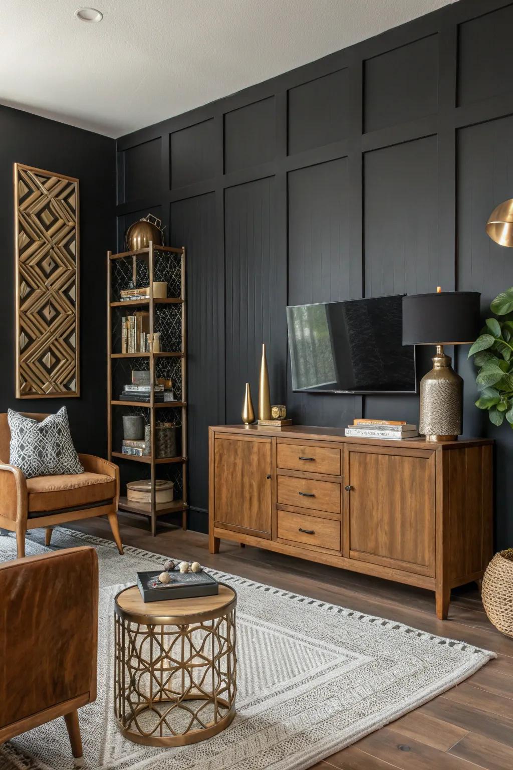 A living space showcasing a black accent wall amalgamated with timber and metallic components.