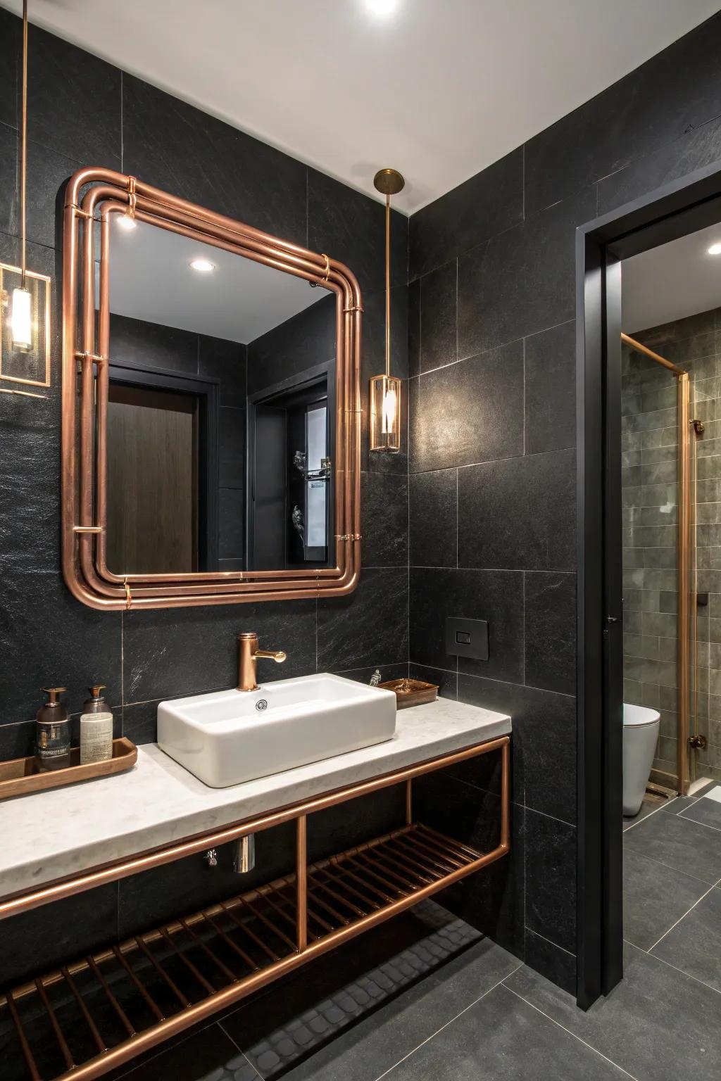 A unique copper-framed mirror adds character to the space.