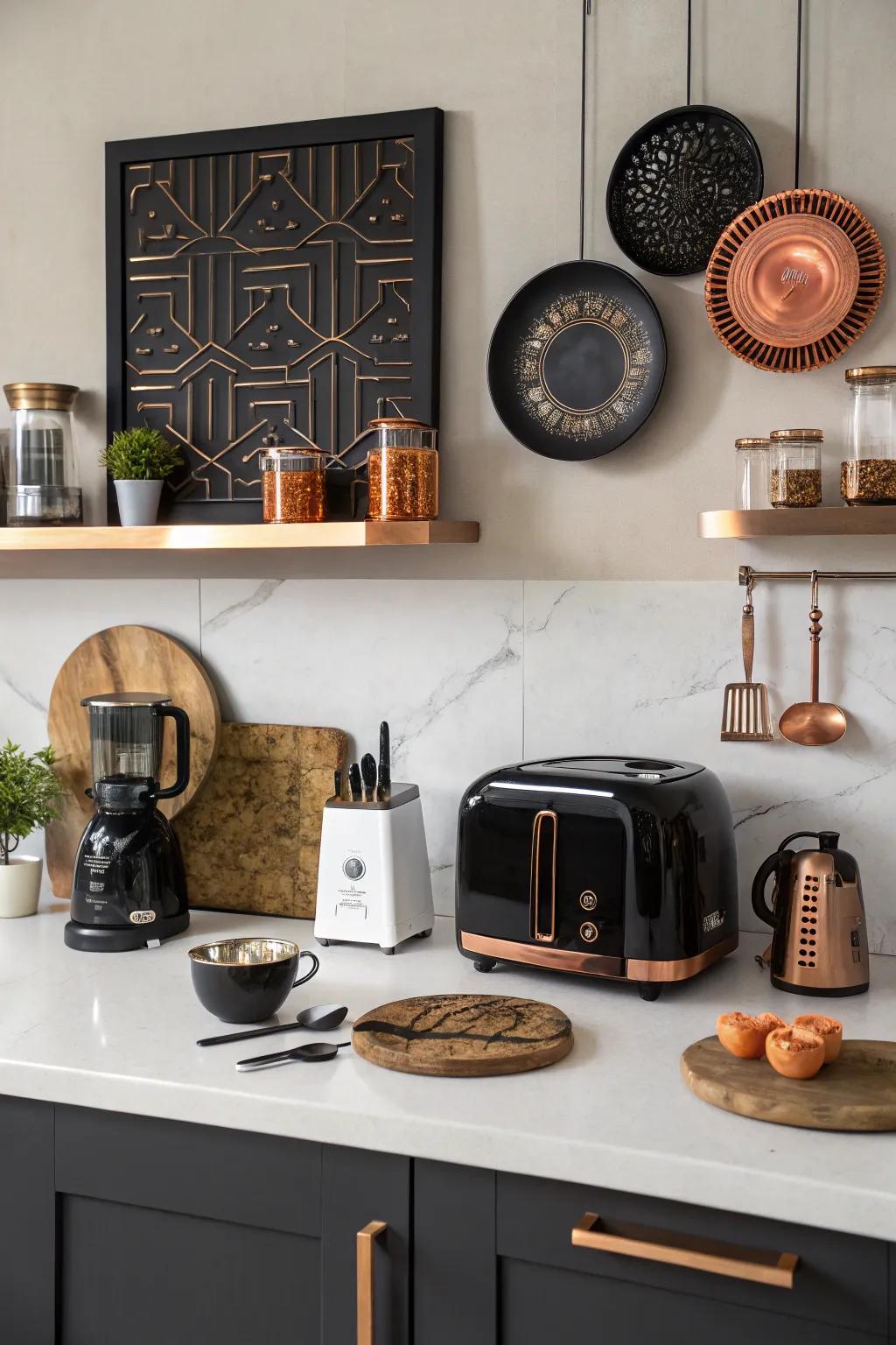 Black and bronze accessories bring harmony to your kitchen design.