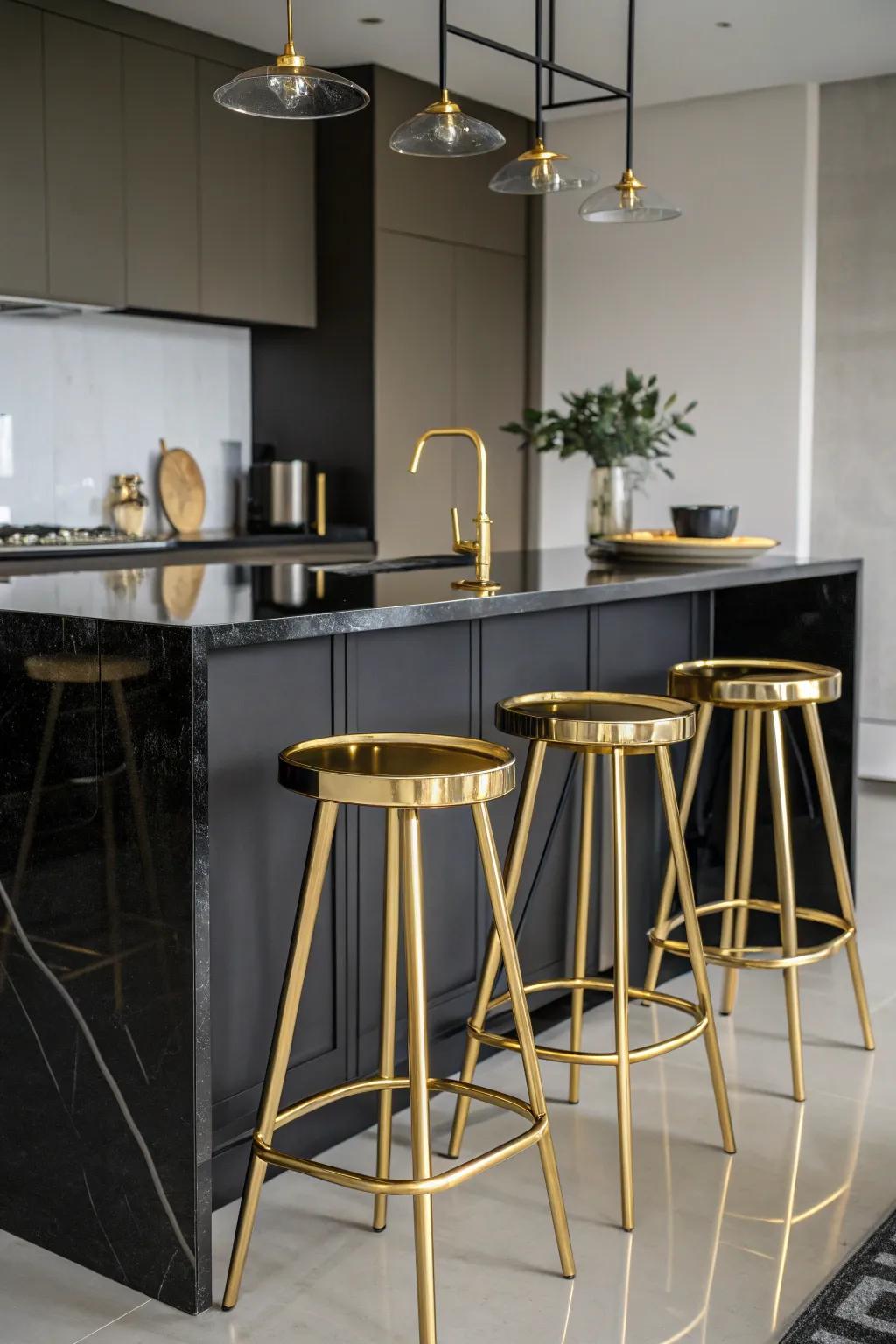 Gilded seating delivers grandeur to this kitchen area.