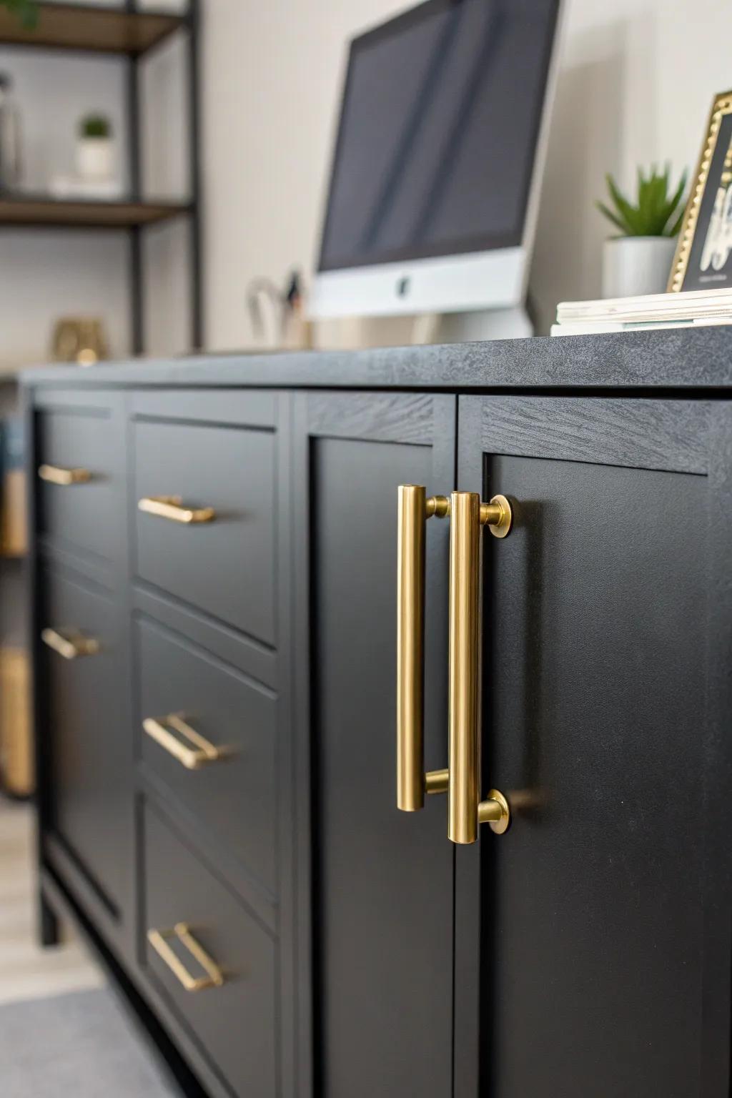 Gilded fittings impart a deluxe feel to ebony furnishings.