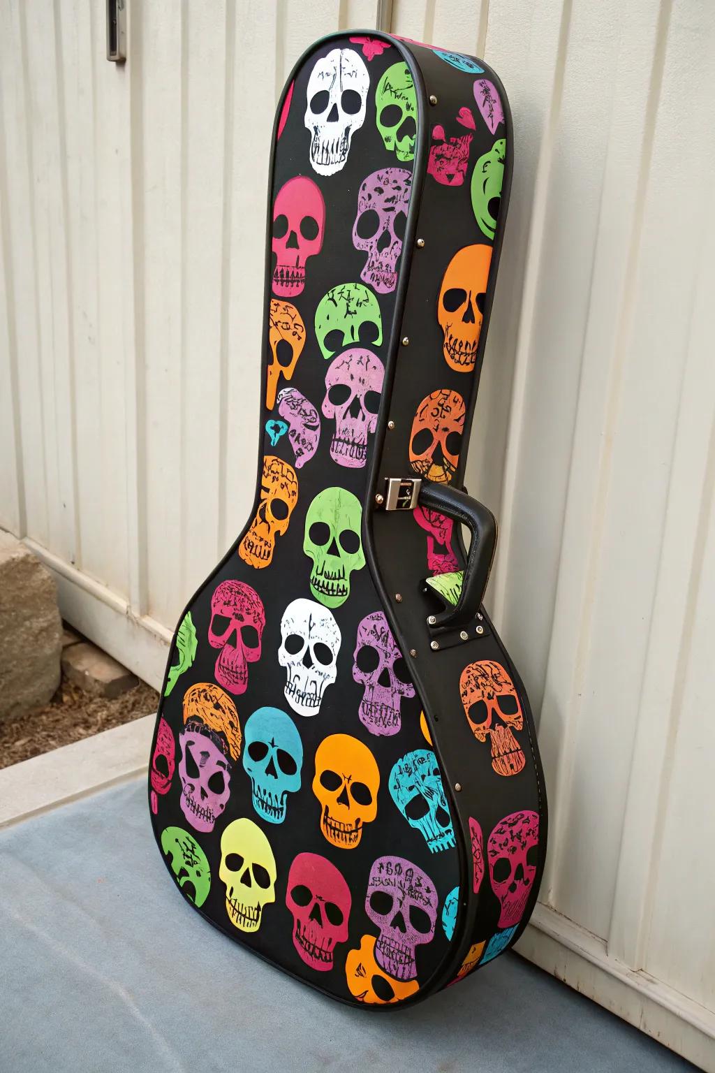 Bold skull stickers adding character to a guitar case.