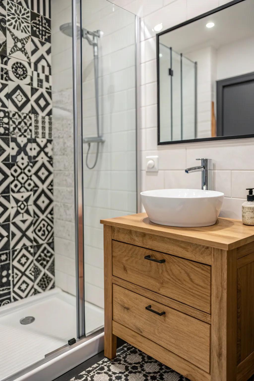 Timber details introduce warmth to the black and white scheme.