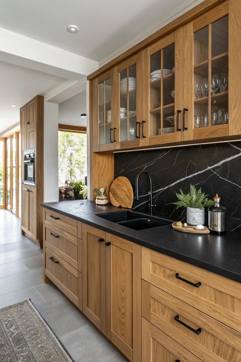Timber elements matched with ebony countertops for warmth.