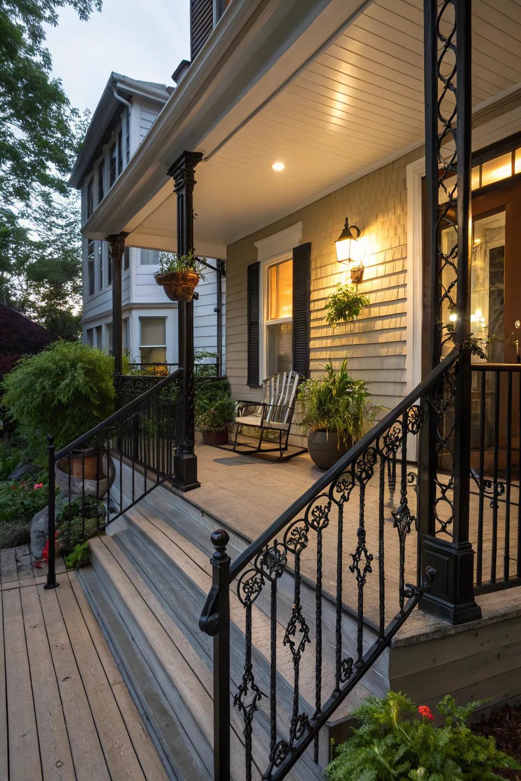 Elegant black railings provide safety and design equally.