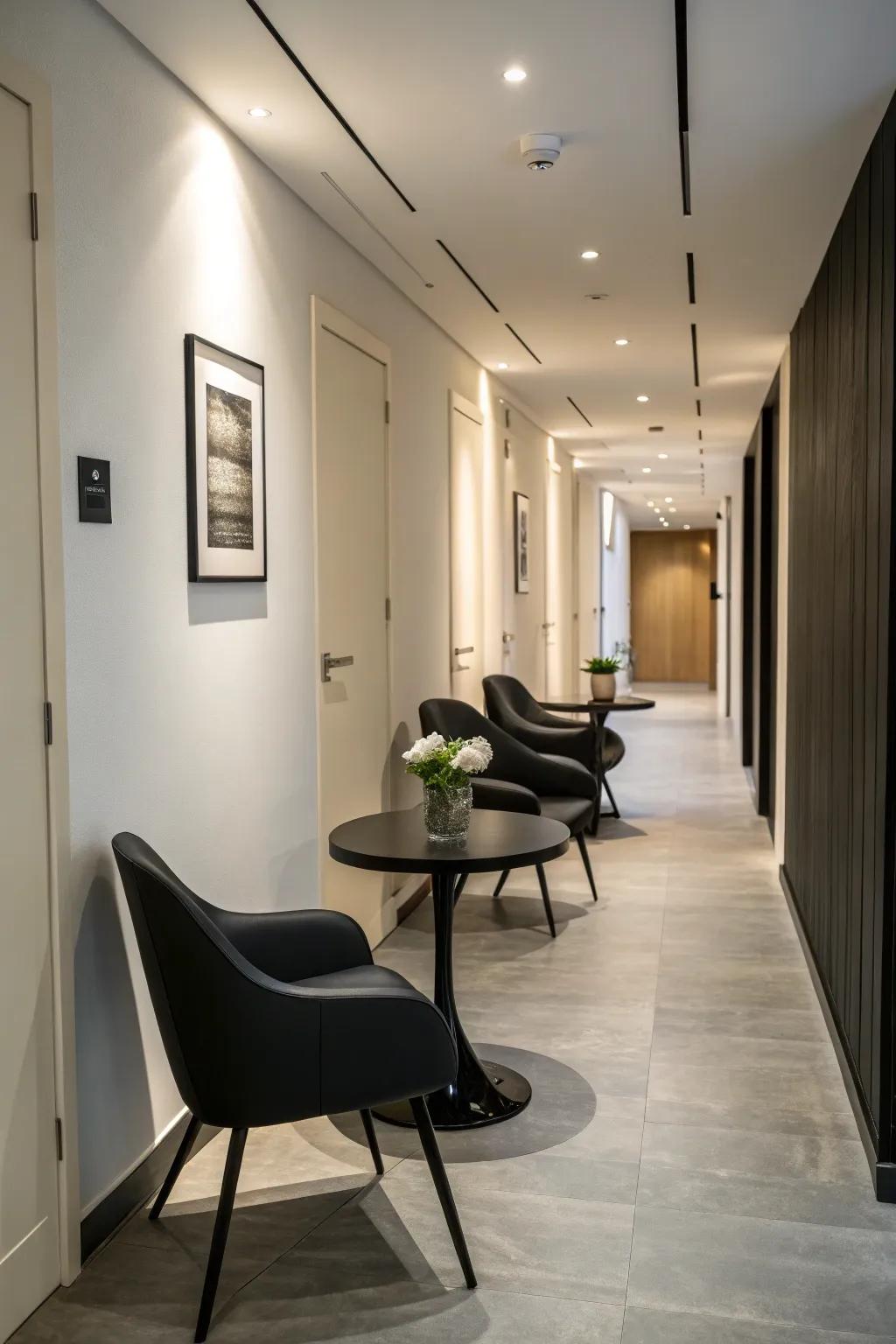 Understated furniture complements the sleek design of a black hallway.