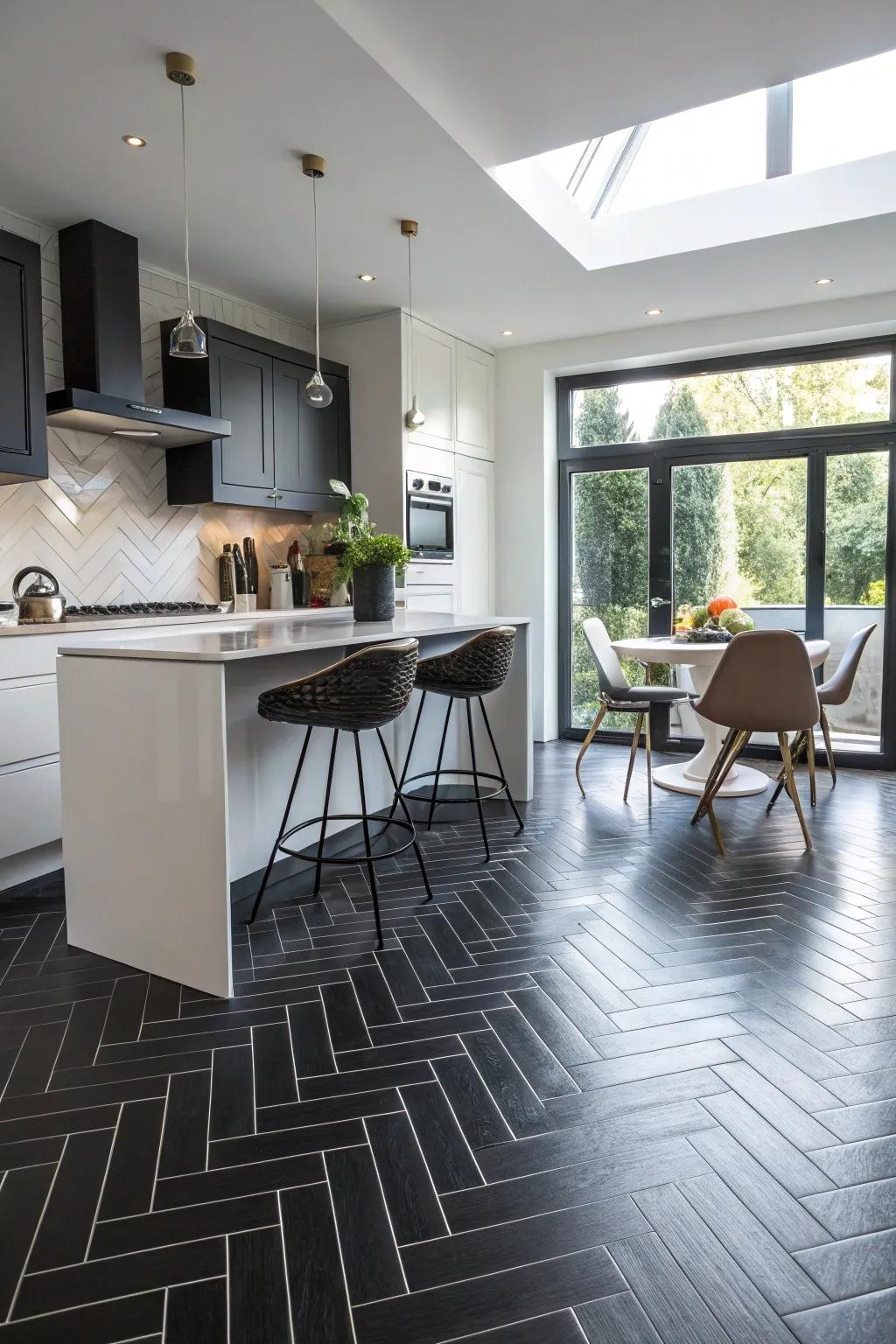 A kitchen showcasing dark herringbone design ground tiles for heightened visual intrigue.