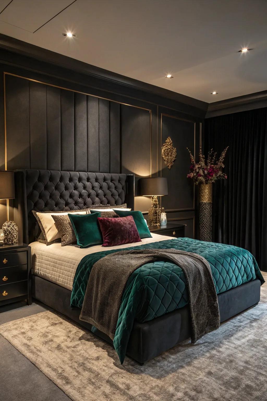 Rich hues bring lavishness to a black bedroom.