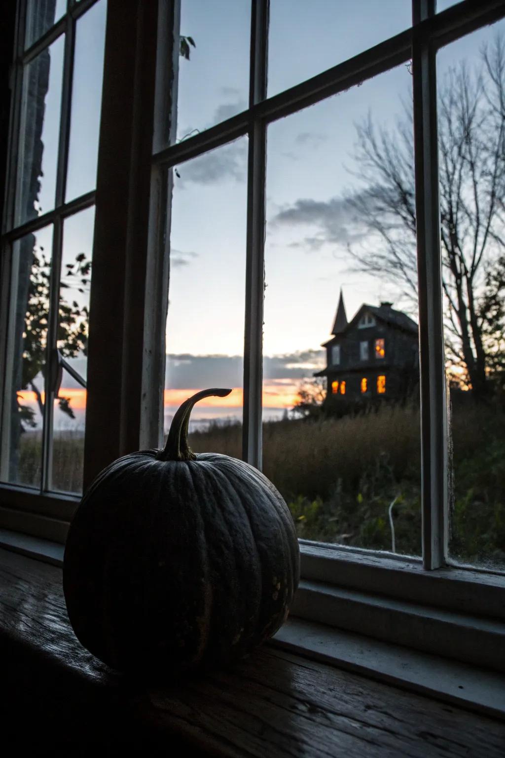 A dark-hued pumpkin with a haunted manor design, ideal for a spectral ambiance.