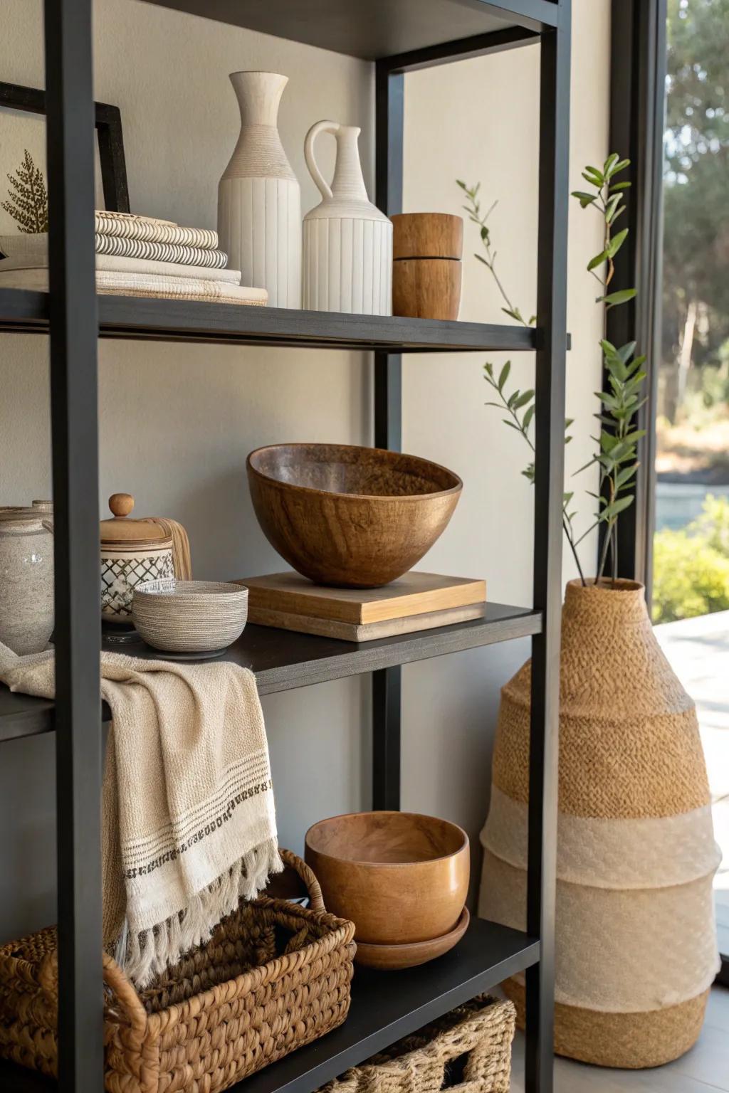 Organic textures and subtle tones affording harmony on a black shelf.