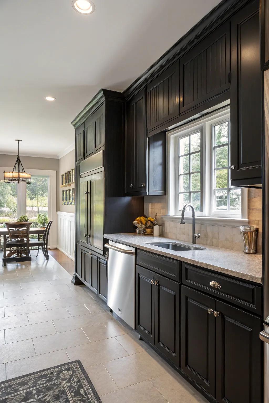 Sophisticated culinary space featuring dark wainscoting.