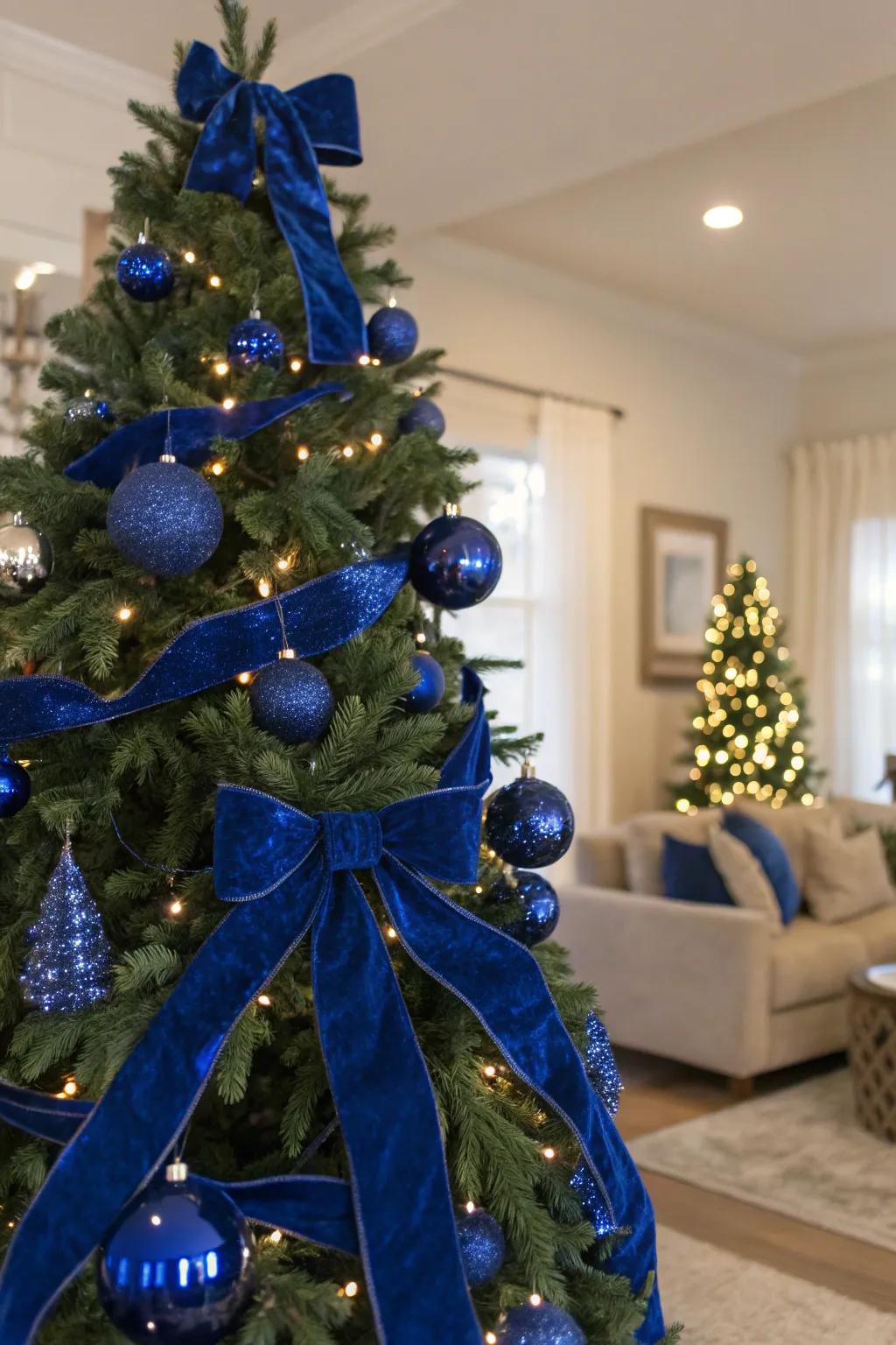 A luxurious azure velvet Christmas tree exudes opulence and style.