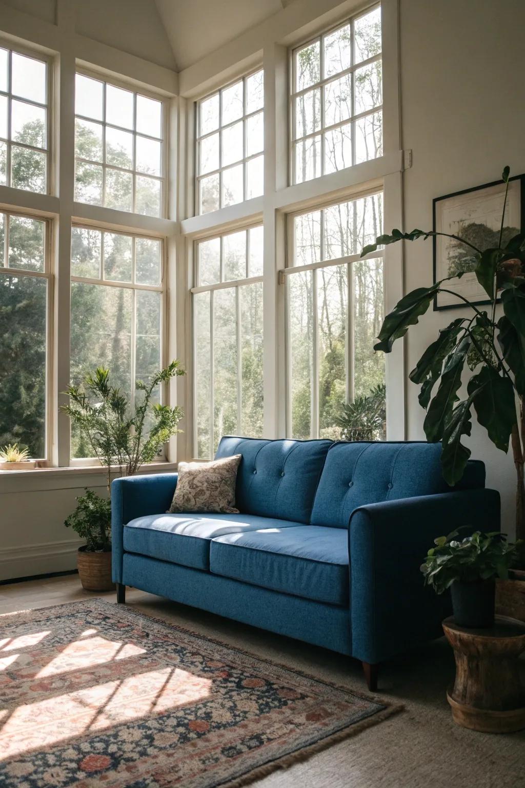 The blue couch's beauty is enhanced by natural light.