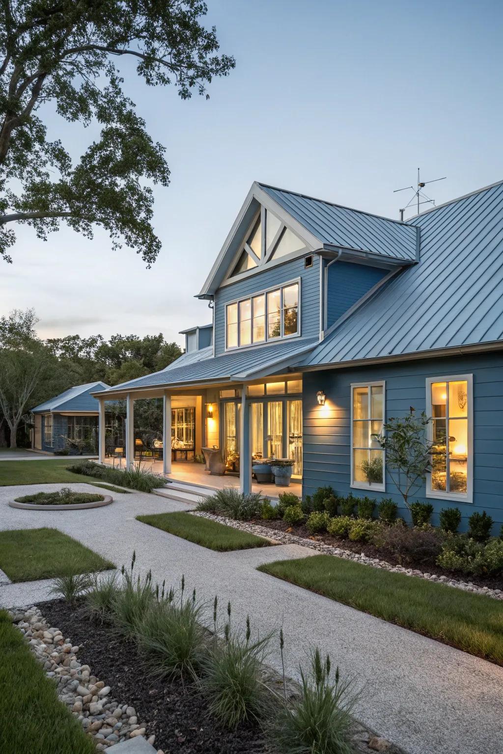 Metal roofing adds a streamlined touch to modern blue homes.