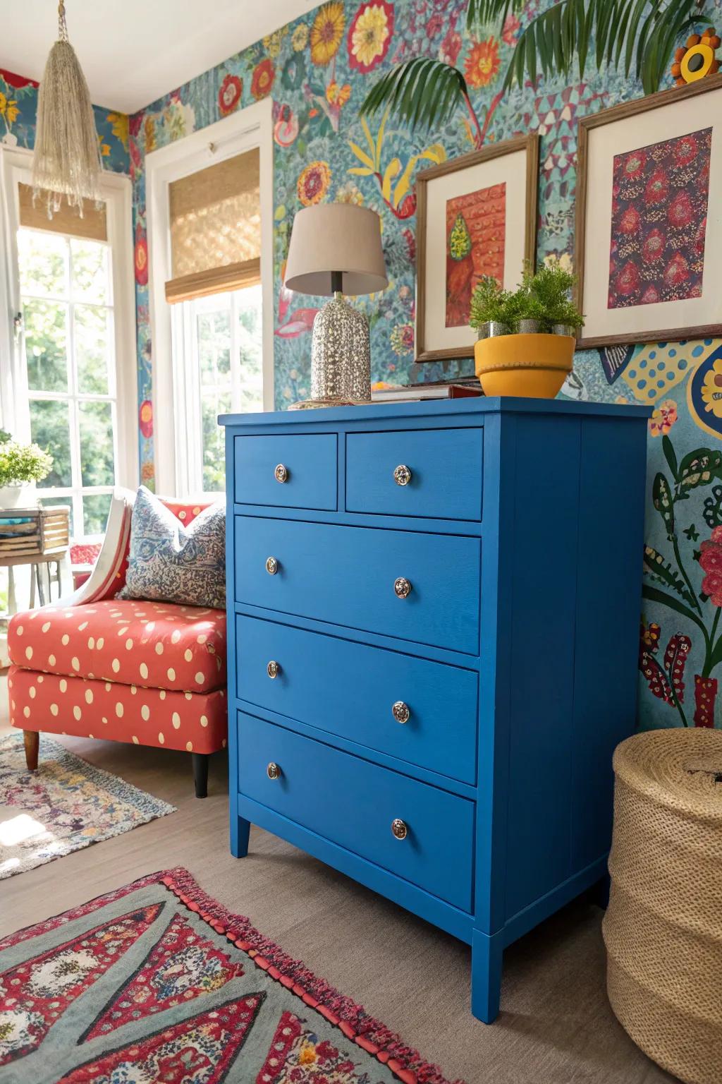 An electric blue dresser serving as a focal point in a vibrant room.