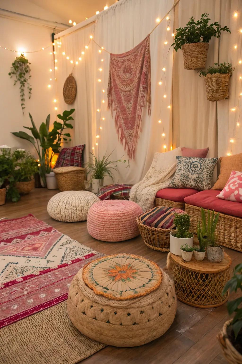 A relaxed seating layout in a bohemian studio.