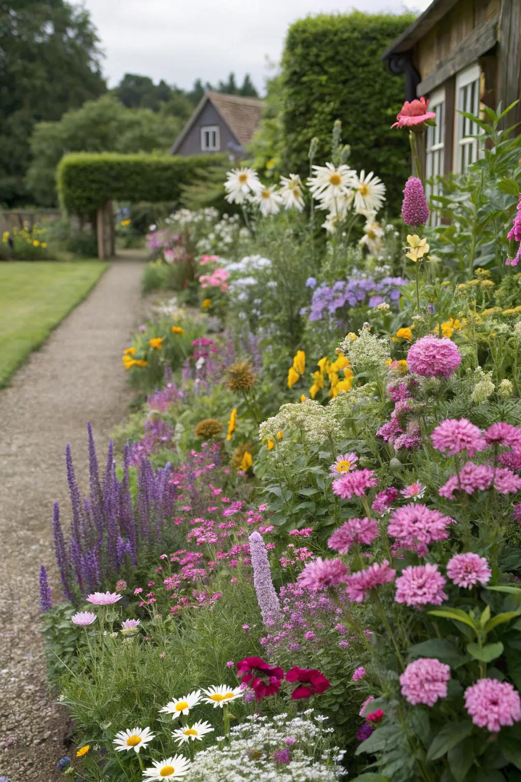 A delightful pastoral garden border brimming with radiant flora.