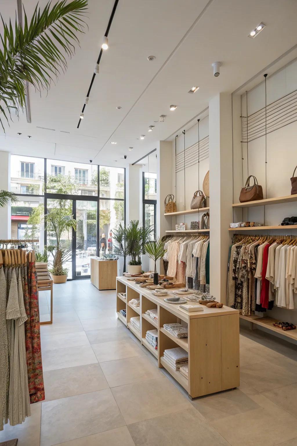 A boutique with an unobstructed and airy design, providing a spacious and comfortable shopping venture.