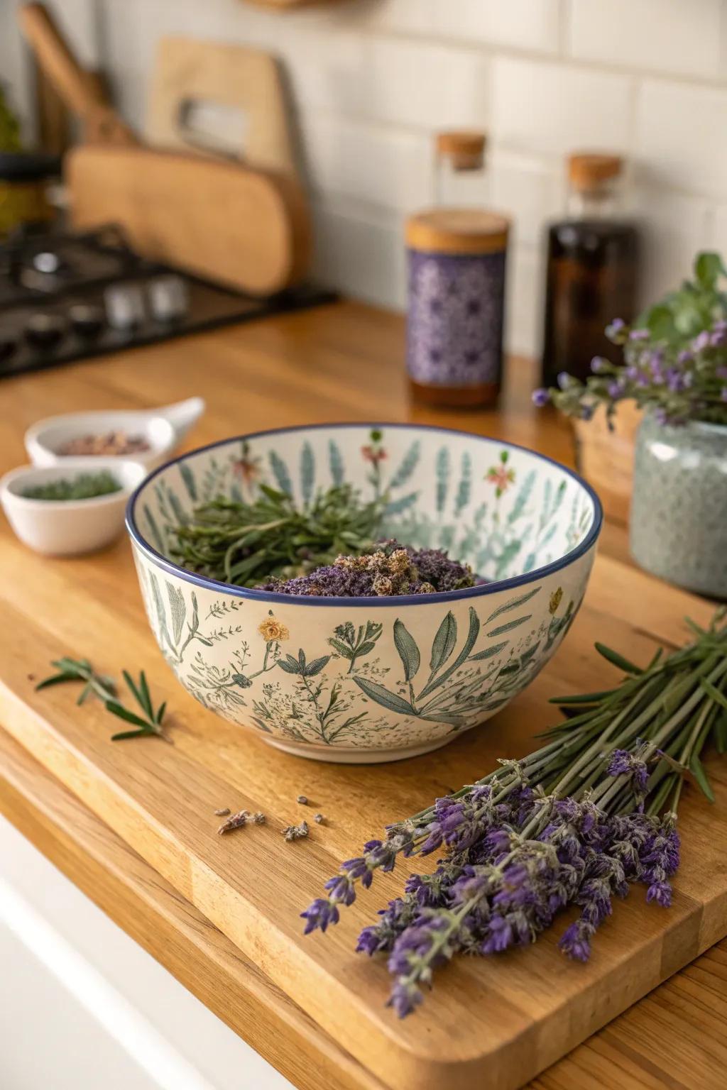 An ornamental bowl brimming with aromatic herbs, including dried lavender