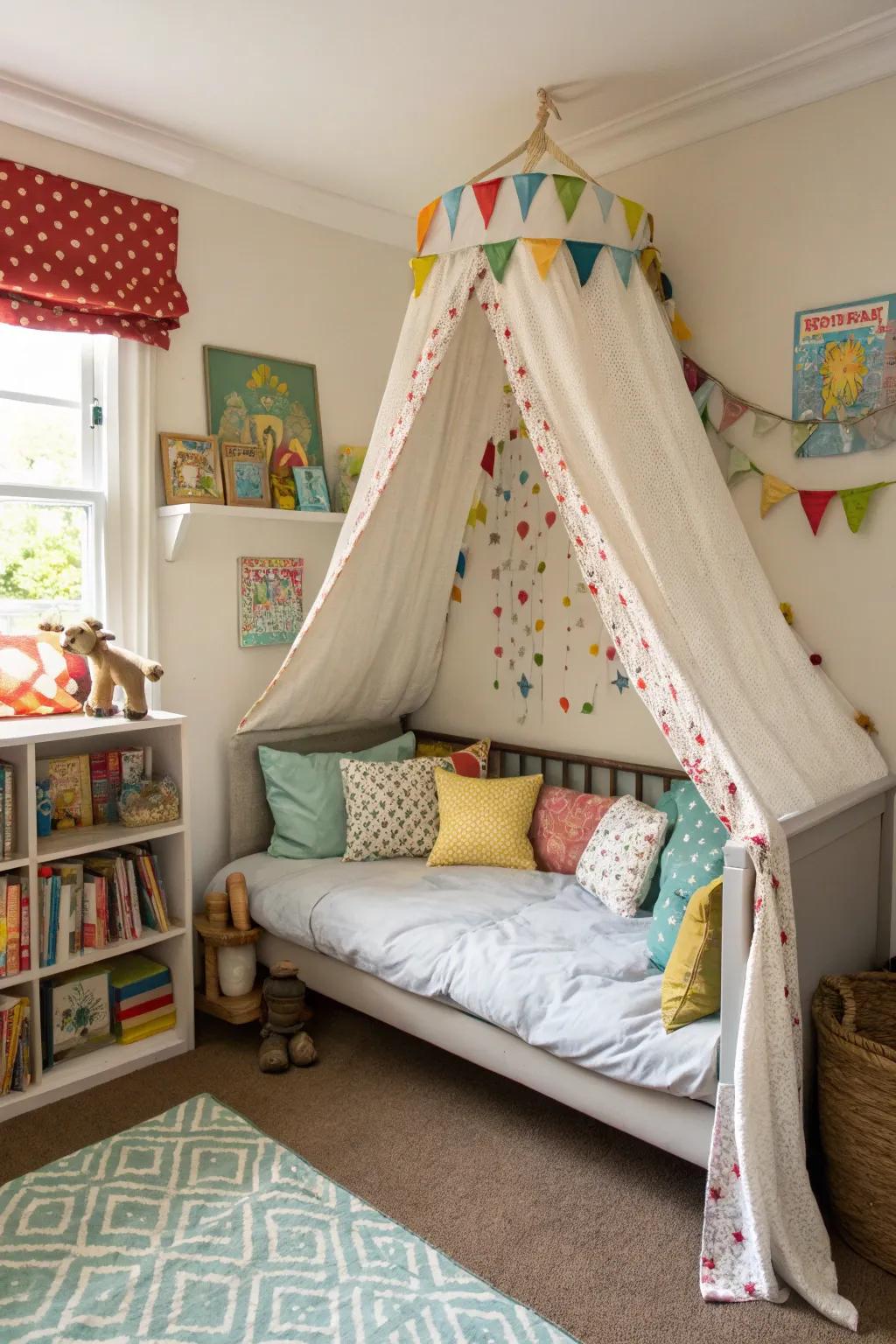 Provoke imaginative divertissement via a canopy positioned above the daybed.