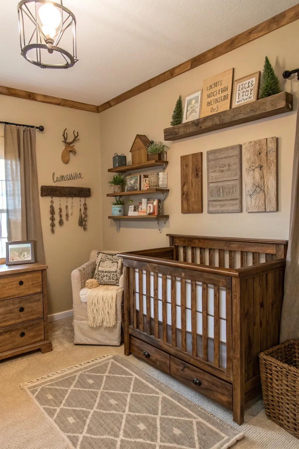 Embrace warmth by choosing a rustic farmhouse-themed nursery.
