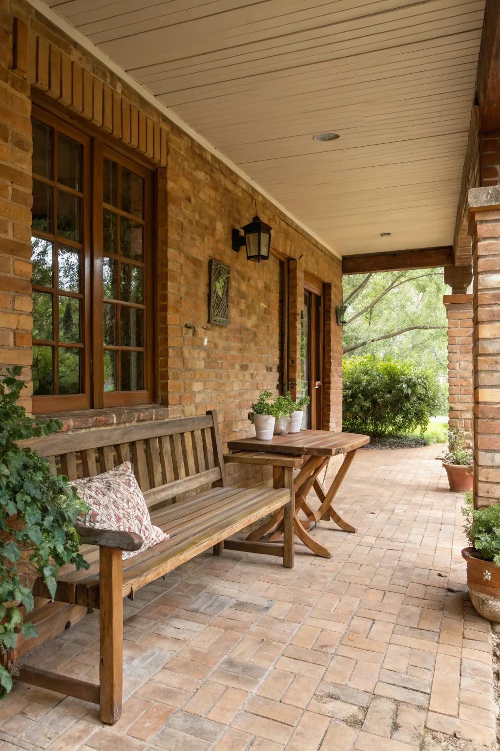 Wood and brick blend harmoniously in this inviting porch setting.