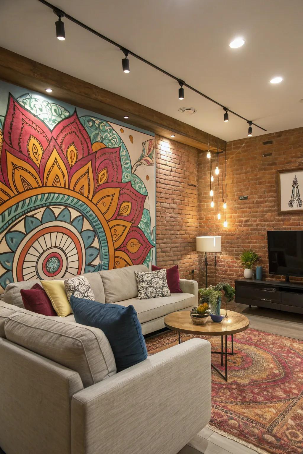 A custom mural serves as the living room's centerpiece.