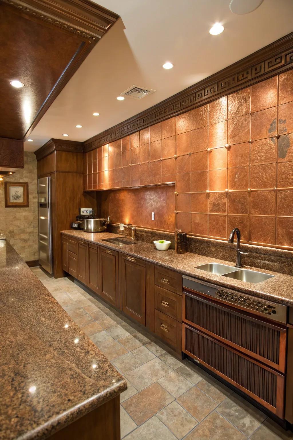 Bronze walls amplify the warm undertones of brown granite.