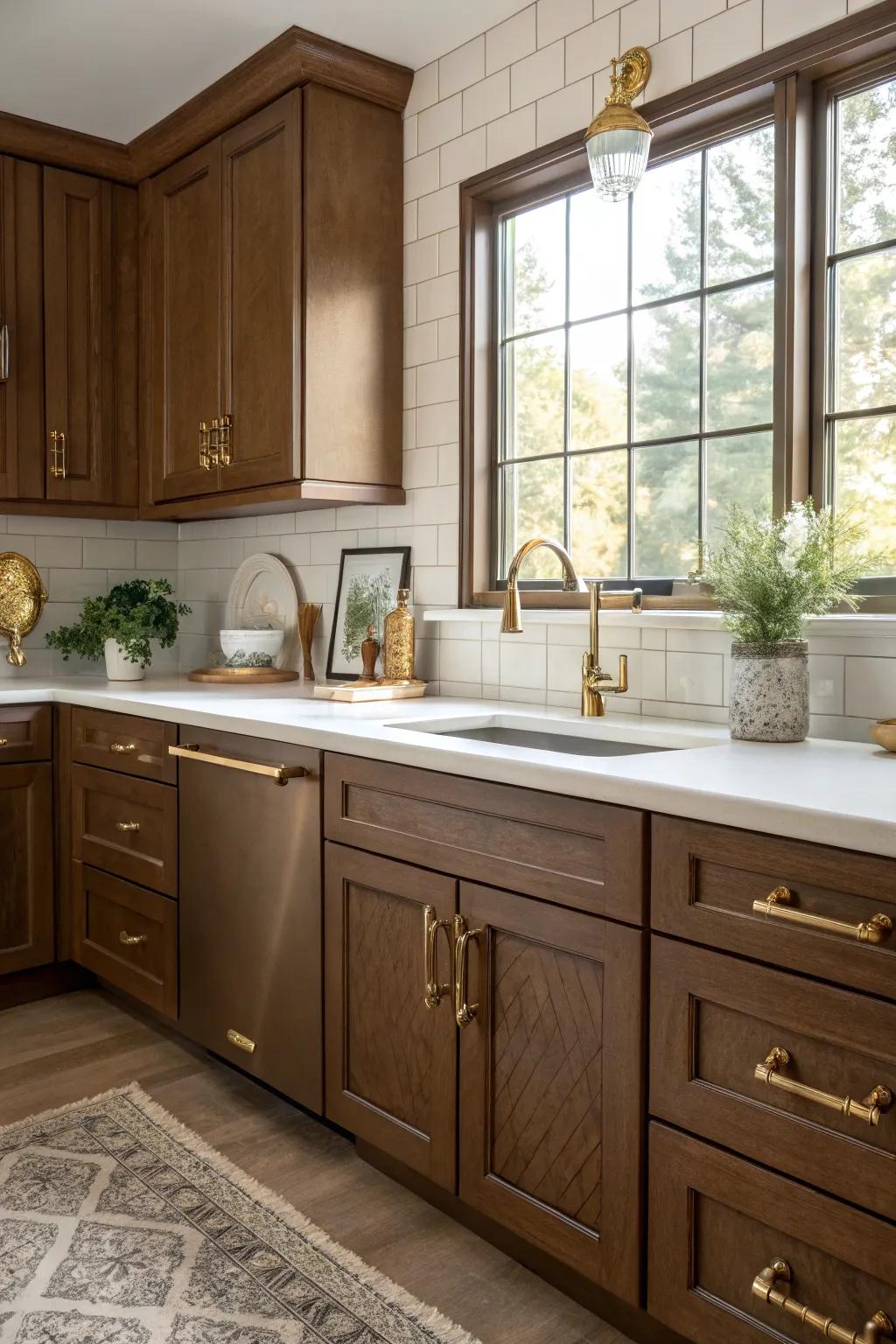 Metallic highlights impart a dash of luxury to brown kitchens.