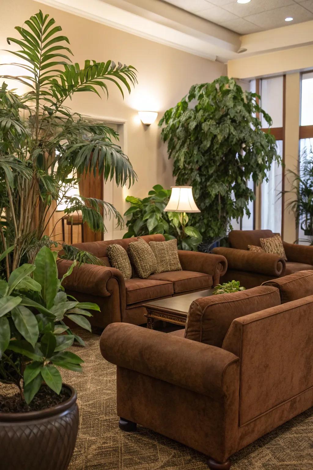 Indoor foliage contributes a vibrant touch to a brown-themed area.