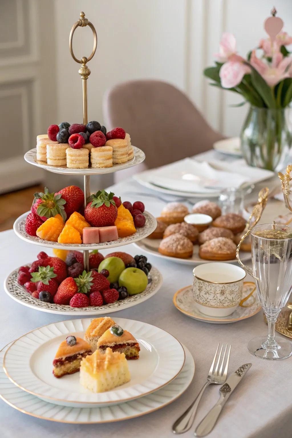 Tiered stands create a dynamic display for brunch items.