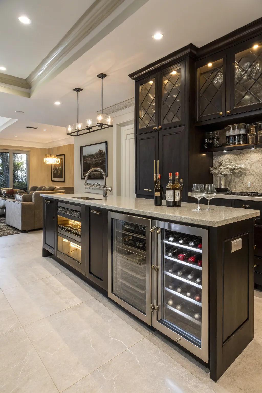 Integrated appliances enhance the functionality of this stylish built-in bar.