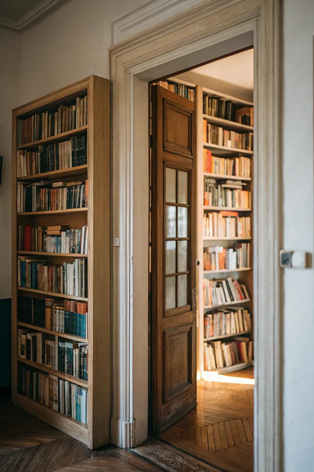 Doorway-framing bookshelves elegantly merge spaces.