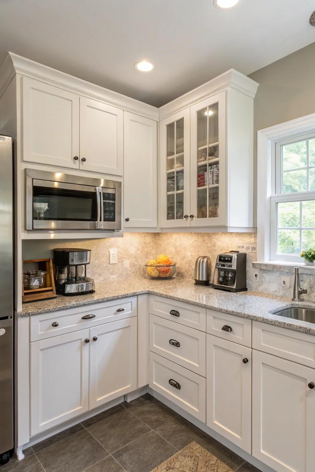 Proficient culinary layout featuring the microwave tucked into a corner cabinet.