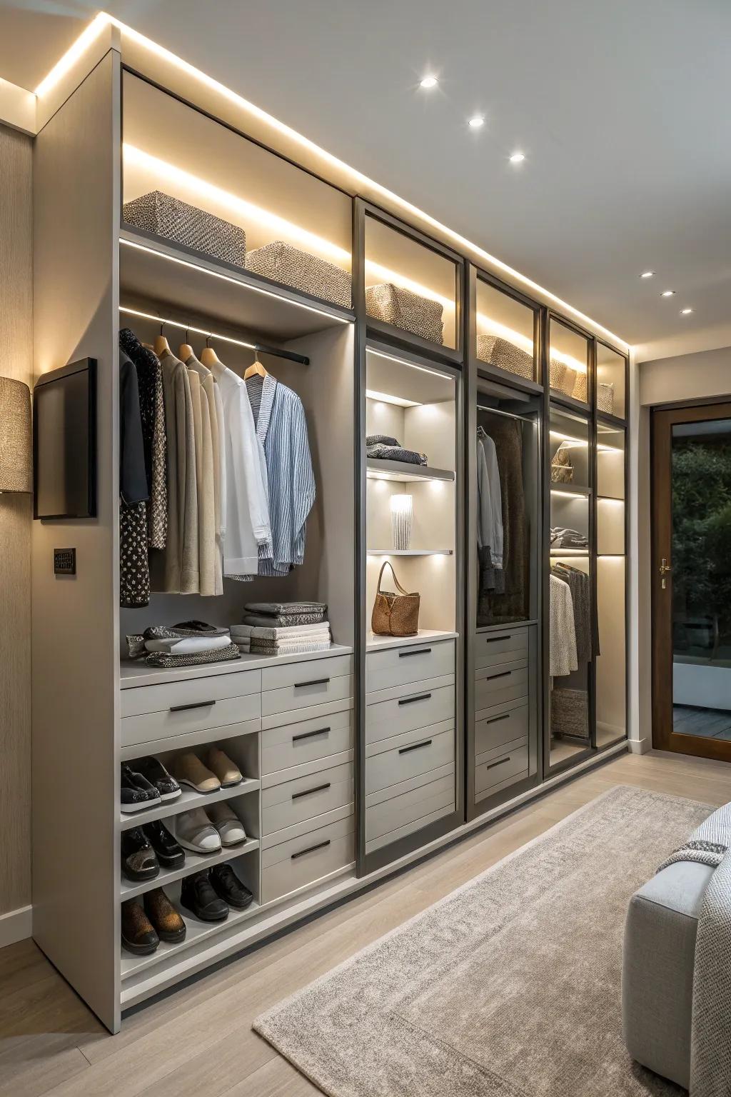 Integrated lighting elevates the functionality and aesthetics of a wardrobe.