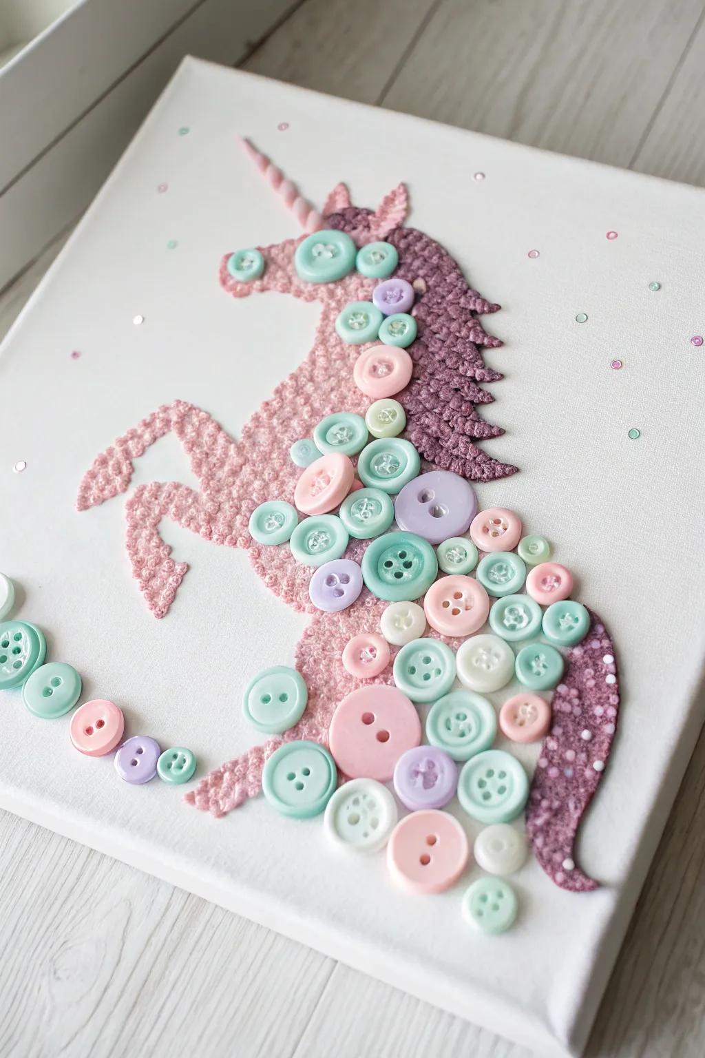 Unleash your imagination with this captivating button unicorn canvas. Perfect for adding a fanciful touch to any setting.