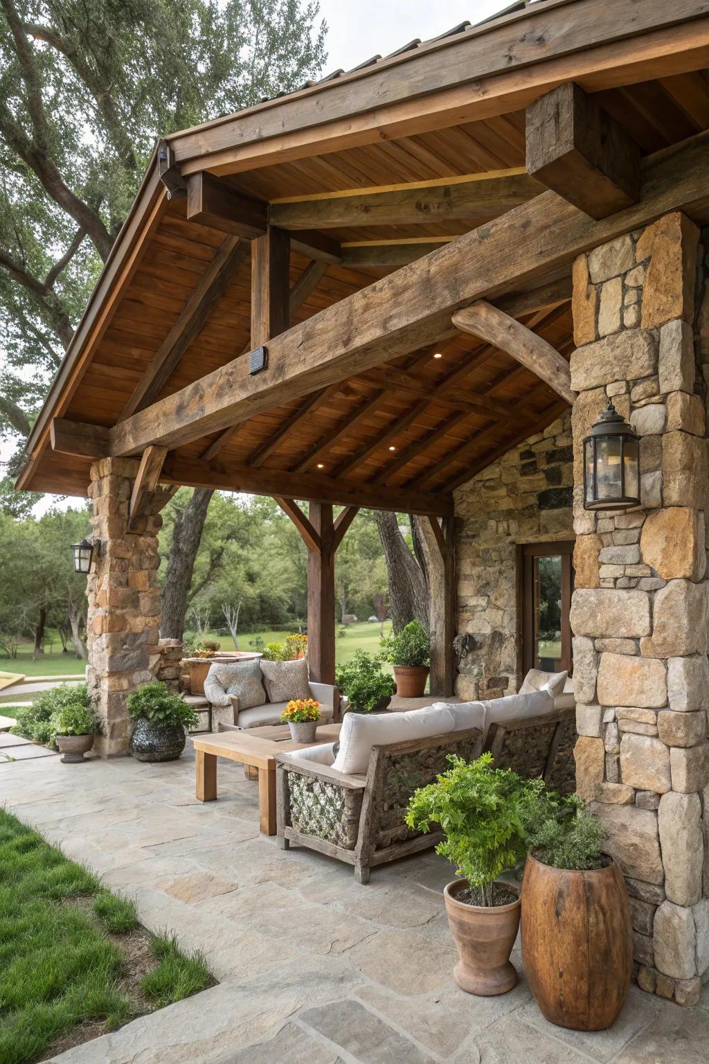 A cozy, rustic cabana constructed with raw materials.