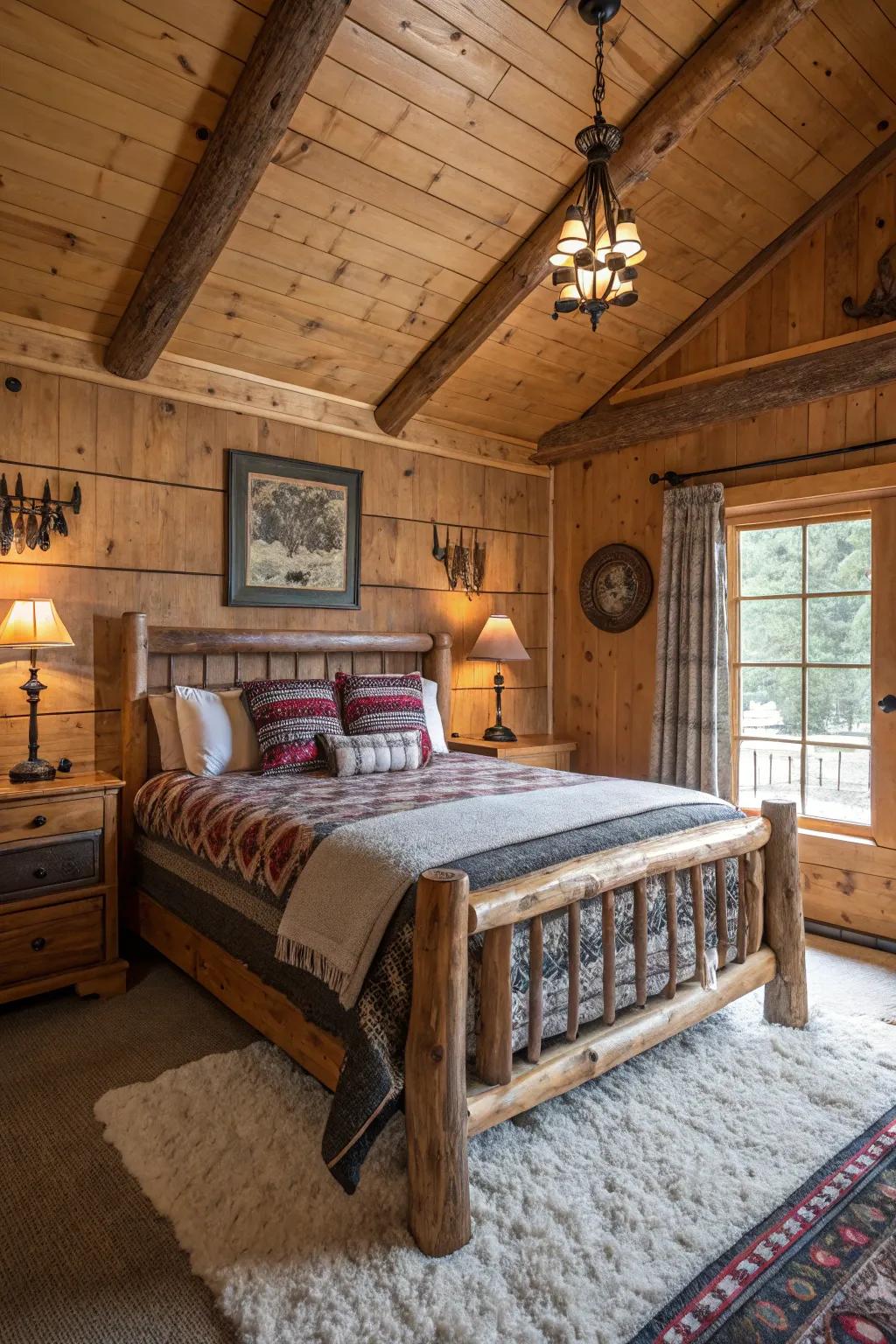 A cabin bedroom featuring rugged wood furniture and rustic decor.