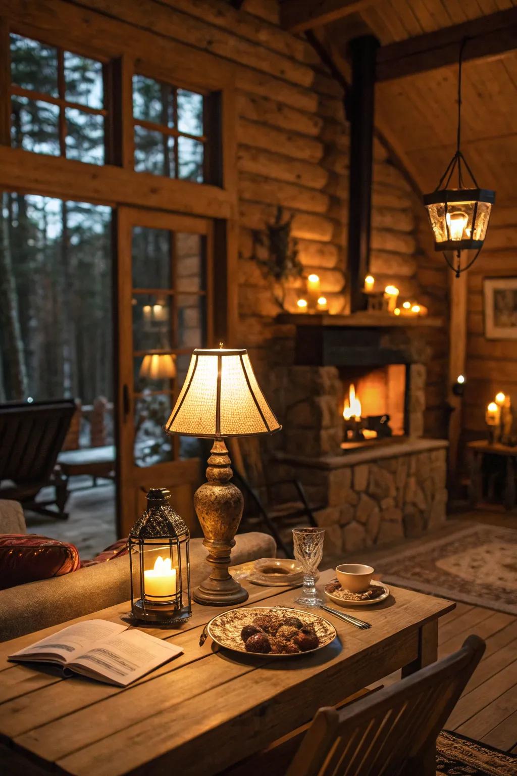 Cozy cabin illuminated with warm ambient lighting