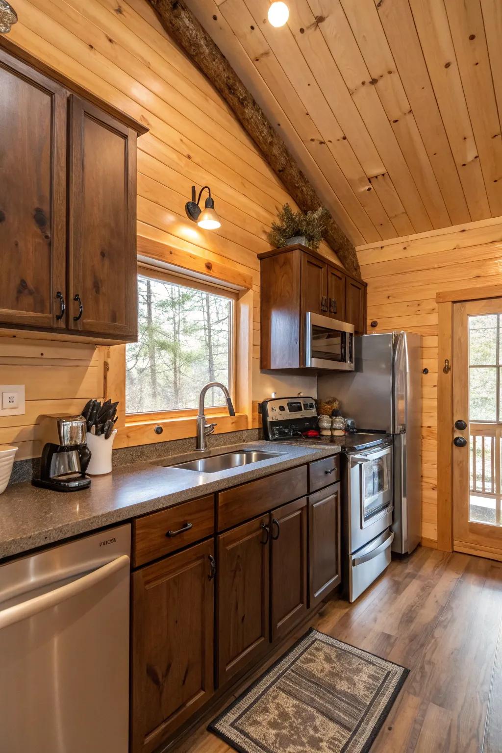A harmonious synthesis of contemporary and traditional components in a log cabin kitchen.